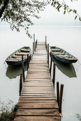 Obraz premium Wooden dock, two boats, calm misty lake.