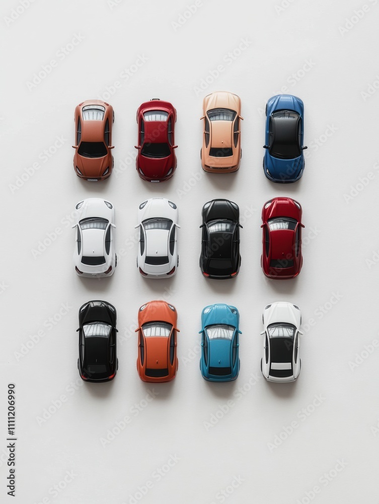 Poster Miniature car models are neatly arranged in a grid on a white background, leaving space for extra text and design. Generative AI