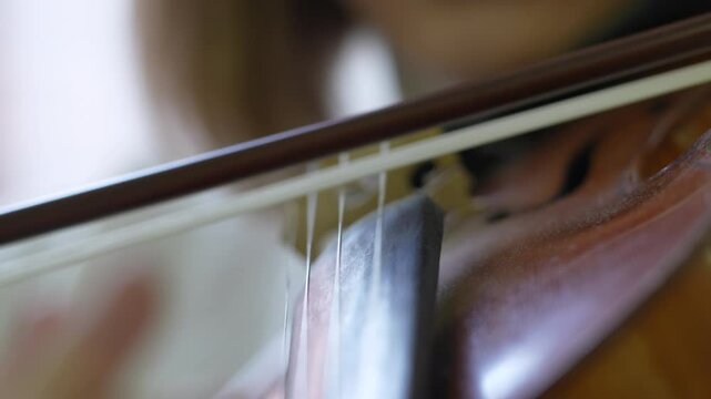 Close up woman hands playing violin with fiddle stick rapidly. Unrecognizable musician hands moving violin bow, extracting classic melody. Orchestra performance, improvisation, creative occupation