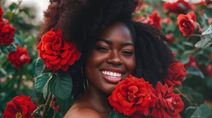 A happy Black woman poses amidst blooming red roses, radiating joy and love on Valentine's Day in a colorful garden