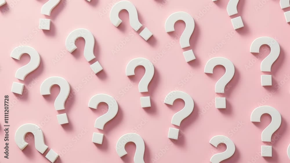 Poster Multiple white question marks are arranged on a pink background, creating a visually intriguing pattern that symbolizes questioning, curiosity, and the search for answers