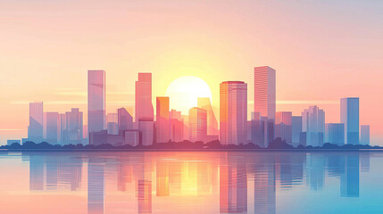 Fototapeta premium Modern cityscape reflecting in water at sunset