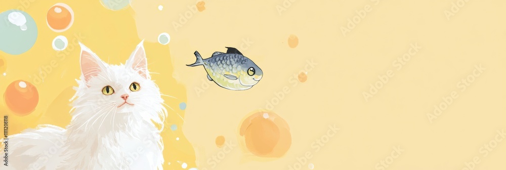 Poster a fluffy white cat observes playful fish swimming within colorful circles against a cheerful solid y