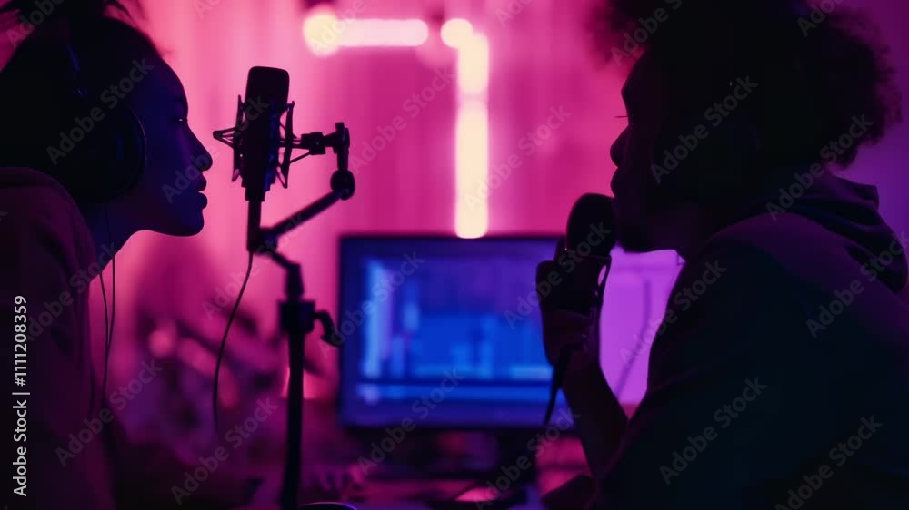 Poster two content creators are using professional microphone and headphones recording audio podcast or onl