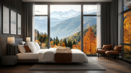 Obraz premium A 3D render of a modern-style small bedroom featuring a sleek design with a wooden floor and gray walls that create a warm yet minimalist ambiance