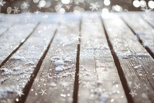 Verschneiter Holztisch Rustikale Holzplanken Winterliche Atmosph&auml;re Schnee und Frost Detailaufnahme Stimmungsvolle Dekoration Hintergrund f&uuml;r Produktpr&auml;sentation Nat&uuml;rliche Textur Eisige Akzente
