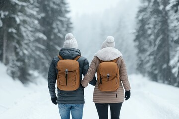 Couple enjoying a romantic holiday trek in a snowy forest trail scenic mountain location travel photography winter wonderland intimate perspective love and adventure