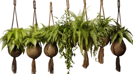 Hanging baskets filled with vibrant fern plants create a serene green space.