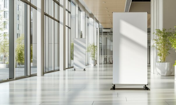 Pull up banner mockup stands in a stylish building hallway. Blank roll-up display for promotional or marketing content in a corporate interior.