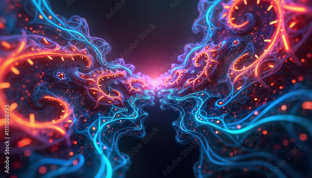 Poster Abstract fractal art design with vibrant glowing neon colours. Intricate patterns swirl, flow creating dynamic energy. Electric light design. Futuristic, modern aesthetic. Mesmerizing visual effect.