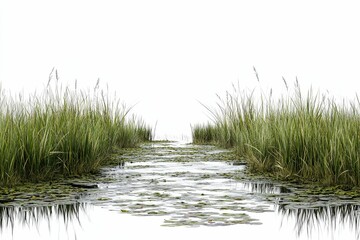 Fototapeta premium Calm water, reeds, aquatic plants, tranquil scene.