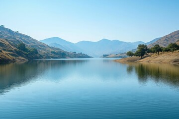 Naklejka premium Calm lake nestled between tranquil mountains.