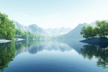 Naklejka premium Serene lake reflects mountains, green trees.
