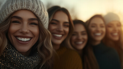 Fototapeta premium Group of women from diverse cultures enjoying a joyful moment outdoors during sunset in a winter setting