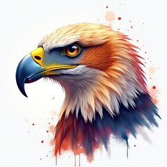 Fototapeta premium Colorful illustration of eagle head. Watercolor style. Realistic wild bird. Generative AI art. Isolated on white background. Detailed portrait. Majestic bird of prey. Vivid colors. Detailed feathers.