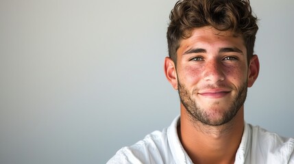 Fototapeta premium Confident young man in white shirt smiling in studio portrait against grey background