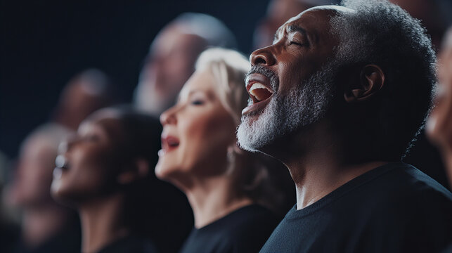 Diverse choir performing powerful music in a concert hall during a community event