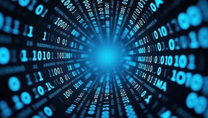 Futuristic tech background fast data transmission. Binary code streams in tunnel effect. Blue glowing binary digits create dynamic pattern. Abstract illustration representing digital archives, AI,