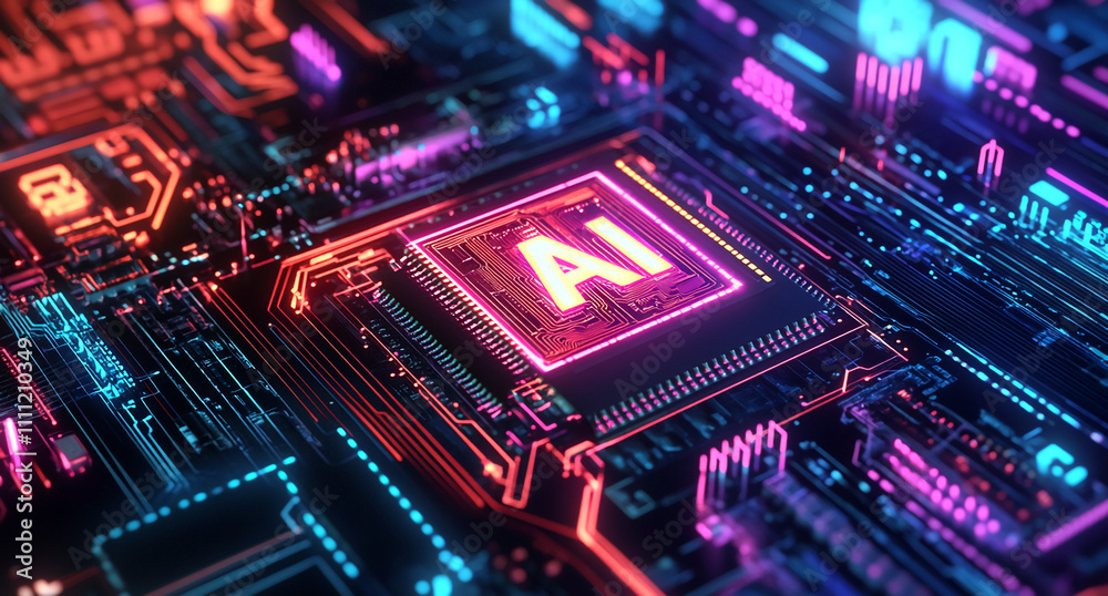 Aufkleber bright and colorful circuit board featuring ai chip illuminated with neon lights at night