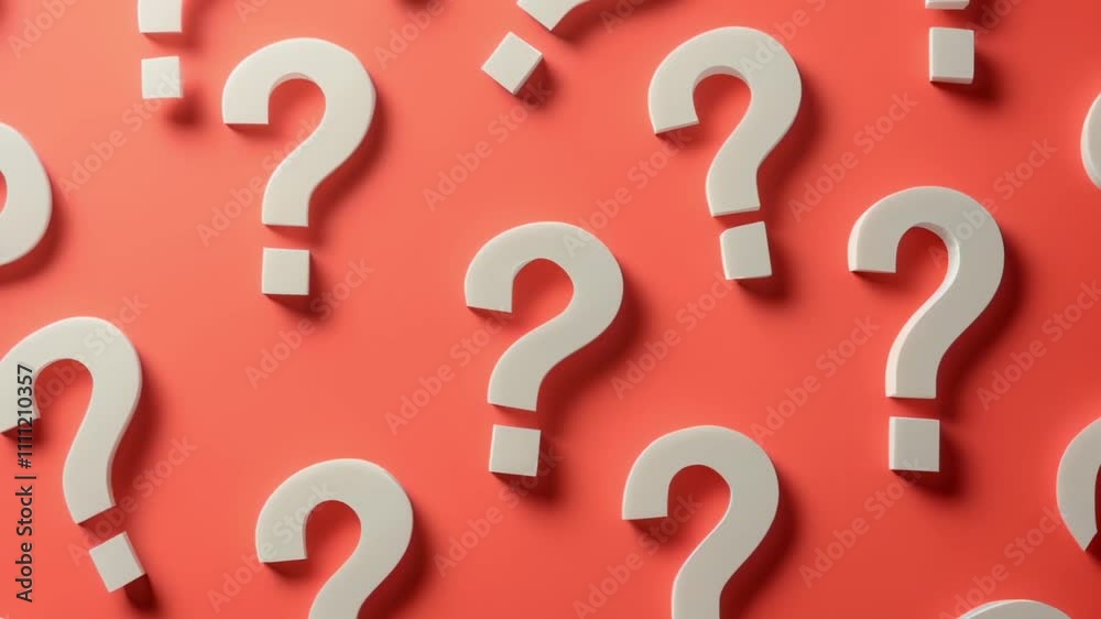 Poster Numerous white question marks lie scattered across a vibrant coral backdrop, creating a visual representation of uncertainty, inquiry, and the search for answers