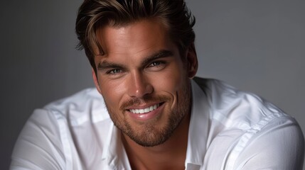 Obraz premium Confident young man in white shirt smiles at camera in studio portrait against grey background