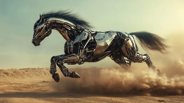 A futuristic robotic horse gallops through a desert landscape, showcasing advanced technology.
