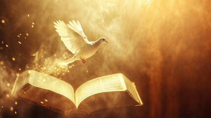 White dove flying over open bible: symbol of hope, spirituality, and holy spirit