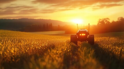 Fototapeta premium A glowing agricultural robot monitoring a serene farm field, goldenhour light and soft film textures