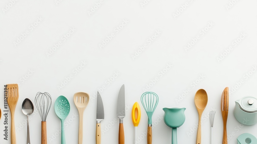 Poster kitchen utensils including spatulas, whisks, and pots are arranged neatly on a white surface, provid