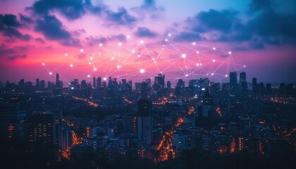 Obraz premium A glowing quantum network map projected above a cityscape at dusk, warm filminspired tones
