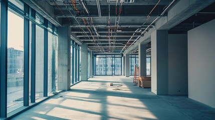 An electrician installing lighting fixtures in a newly constructed office building, wiring the lights and ensuring proper electrical connections.