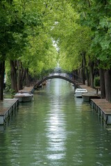 Fototapeta premium Canals, boats, arched bridge, leafy green trees.