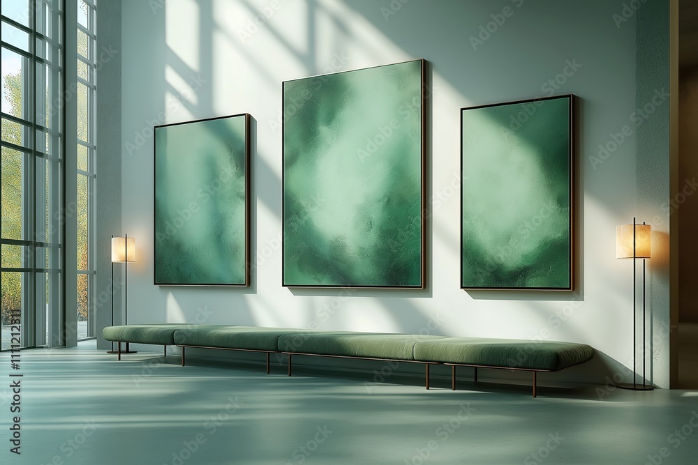 Poster empty frames on gallery walls. modern gallery interior design. light green abstract paintings. moder