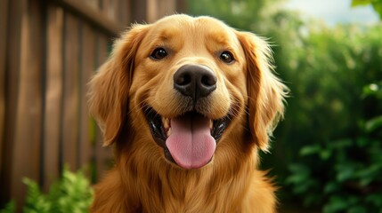 Obraz premium a golden retriever with its tongue hanging out, giving a goofy grin while sitting on a sunny porch