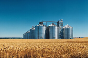 Obraz premium Grain silos rising above a golden wheat field 