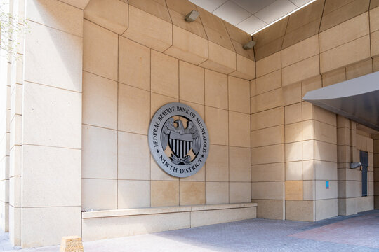 The entrance to Federal Reserve Bank of Minneapolis at headquarters in Minneapolis, Minnesota, USA, May 5, 2023. The Federal Reserve Bank of Minneapolis covers the 9th District of the Federal Reserve.