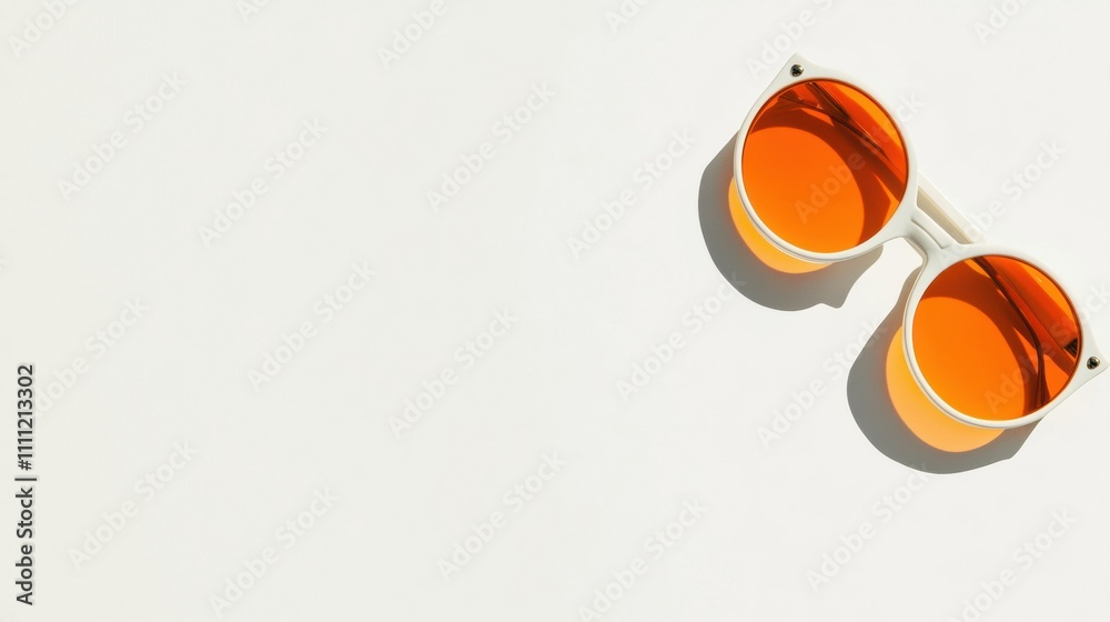 Poster bright summer sunglasses and sunscreen are arranged on a white background, ideal for showcasing summ