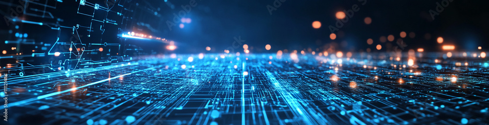 Poster Bright blue digital landscape showcasing interconnected data points and flowing patterns of information at night