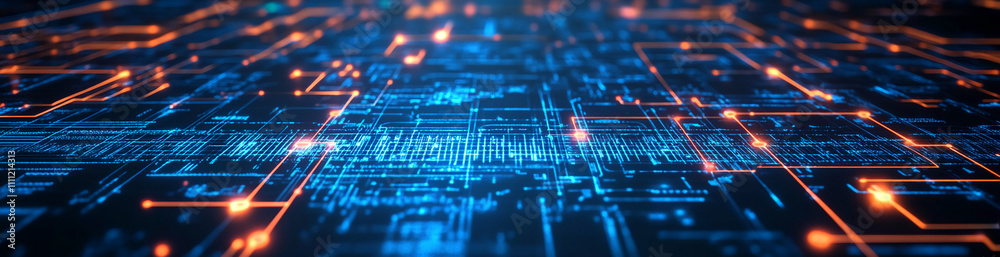 Poster Close-up view of a digital circuit board illuminated by blue and orange lights with intricate patterns and details
