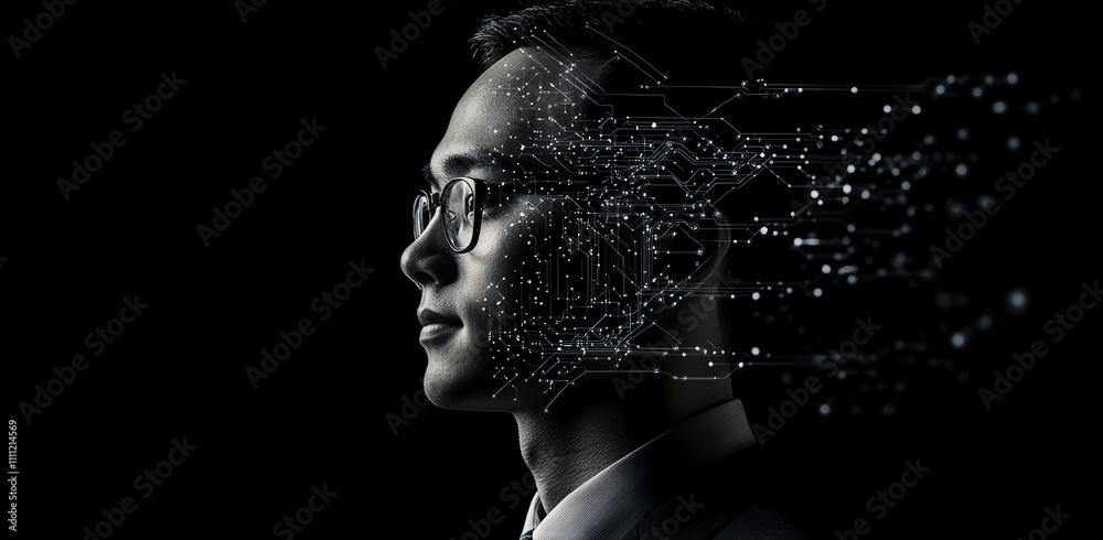 Poster innovative representation of technology merging with human intellect in a dark setting