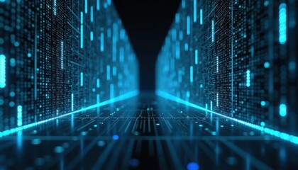 Futuristic digital tech space with glowing blue data streams. Abstract ai tech background with 3d effect. Modern design with glowing lines, patterns. System datum, code encryption for communication.