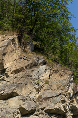 Rhodopes, are a mountain range in Southeastern Europe. Bulgaria. Panorama. The forest area covers the mountains.