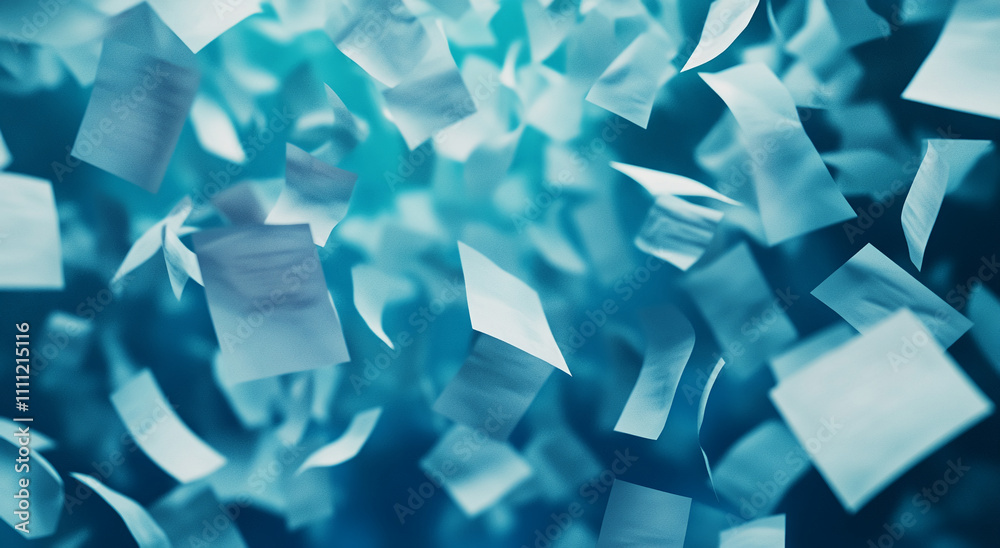 Poster Torn sheets of paper swirling in a dynamic blue background create an abstract and captivating visual effect