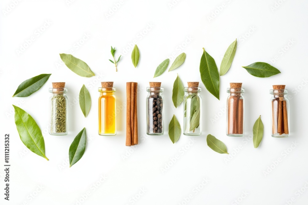 Poster Small jars filled with vibrant spices, accompanied by bay leaves and cinnamon sticks, create an aromatic display with room for text. Generative AI