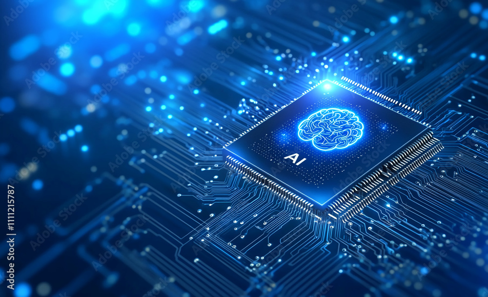 Aufkleber Digital representation of artificial intelligence on a microchip with glowing circuits and blue tones