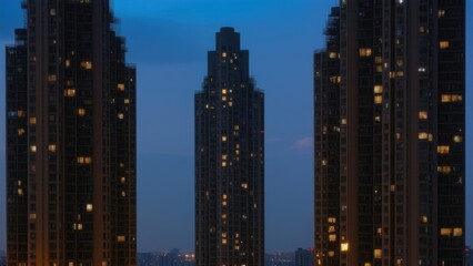 Buildings lit up at night with a clock tower in the background