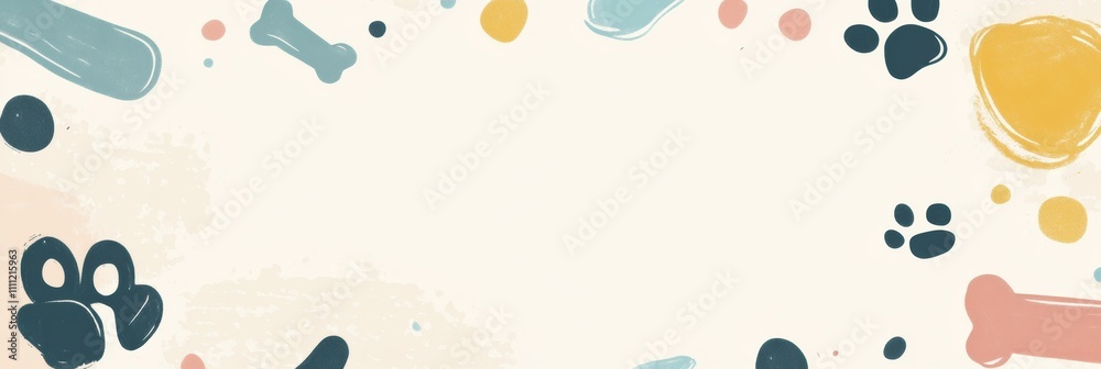 Poster doodle banner showcases a fun collection of dog toys, bones, and paw prints framing a blank space fo