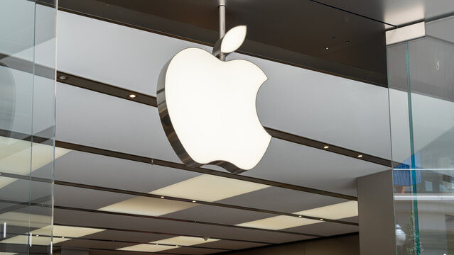 Salt Lake City, Utah, USA - May 15, 2023: Close up of Apple store logo is shown.  Salt Lake City, Utah, USA. Apple Inc. is an American multinational corporation and technology company. 