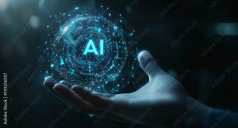 Poster hand holding a glowing orb with ai text showing digital technology and innovation concept