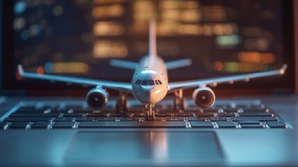 Fototapeta premium Airplane model on laptop, online booking.